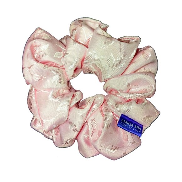 Rose jacquard satin pretty in pink scrunchie for weddings, anniversary - Picture 3 of 6
